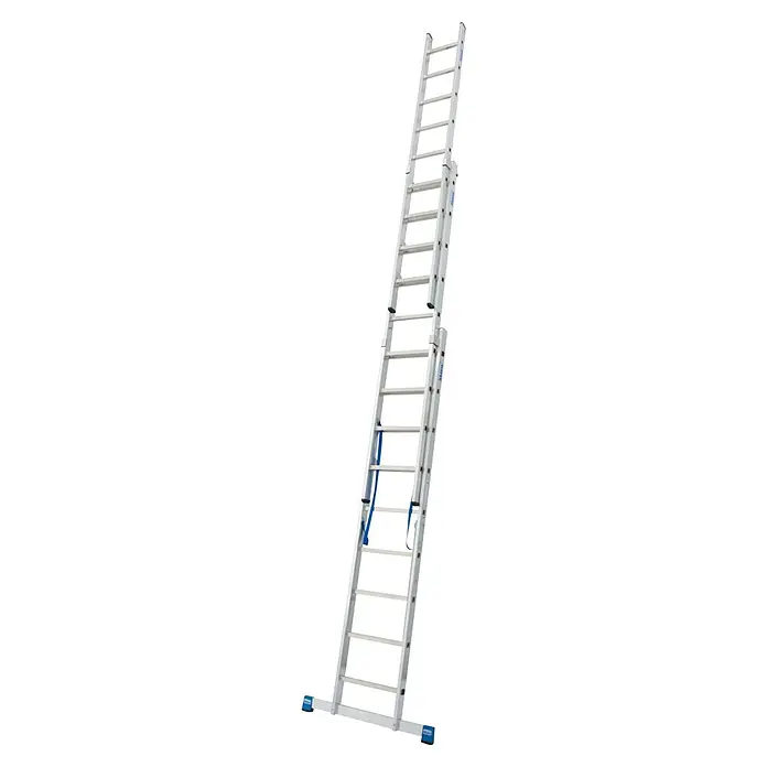 Krause Stabilo Mehrzweckleiter - Anzahl Tritte: 27 Stk., Arbeitshöhe: 6,85 m, Belastbarkeit: 150 kg, Aluminium - Das Bild zeigt eine ausziehbare Aluminiumleiter von KRAUSE, ideal für Arbeiten in verschiedenen Höhen und bietet Flexibilität und Stabilität.