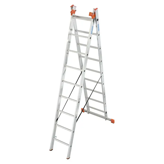 Krause Monto Mehrzweckleiter Tribilo - Arbeitshöhe: 6,85 m, Anzahl Tritte: 27 Stk., Belastbarkeit: 150 kg, Aluminium - Silberne KRAUSE Stehleiter mit orangefarbenen Akzenten und schwarzen Haltegurten. Eine praktische und sichere Lösung für verschiedene Aufgaben.