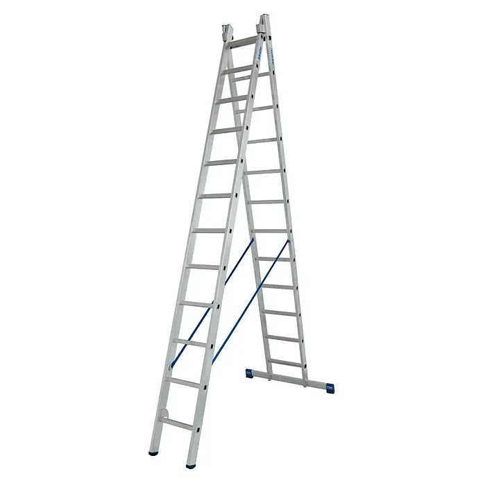 Krause Stabilo Mehrzweckleiter - Anzahl Tritte: 24 Stk., Arbeitshöhe: 6,85 m, Aluminium - Eine freistehende, zusammenklappbare Aluminium-Leiter mit blauem Stützstreben-Design, ideal für vielfältige Aufgaben.