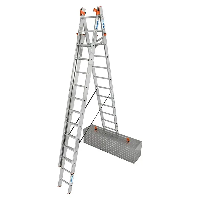 Krause Monto Mehrzweckleiter Tribilo - Arbeitshöhe: 9,3 m, Anzahl Tritte: 36 Stk., Belastbarkeit: 150 kg, Aluminium, Treppengängig - Das Bild zeigt eine Krause Leiter in A-Form, die robust und für verschiedene Arbeiten geeignet ist.