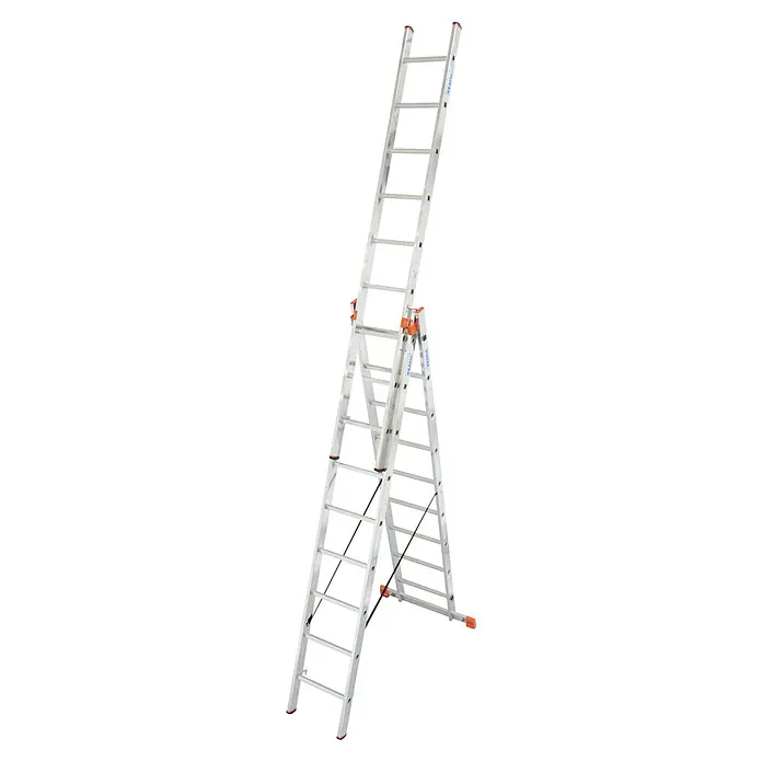 Krause Monto Mehrzweckleiter Tribilo - Arbeitshöhe: 6,85 m, Anzahl Tritte: 27 Stk., Belastbarkeit: 150 kg, Aluminium - Bild einer silbernen Mehrzweckleiter von Krause, die vielseitig für unterschiedliche Höhen und Aufgaben einsetzbar ist.