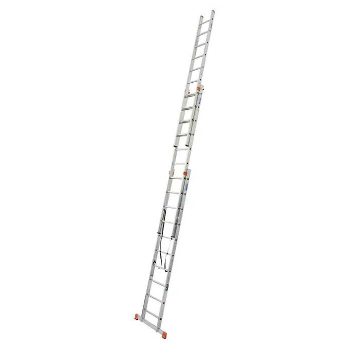 Krause Monto Mehrzweckleiter Tribilo - Arbeitshöhe: 7,65 m, Anzahl Tritte: 30 Stk., Belastbarkeit: 150 kg, Aluminium - Eine ausziehbare, silberfarbene Leiter mit Sprossen und orangefarbenen Füßen, ideal für Bauarbeiten und Heimwerkerprojekte.