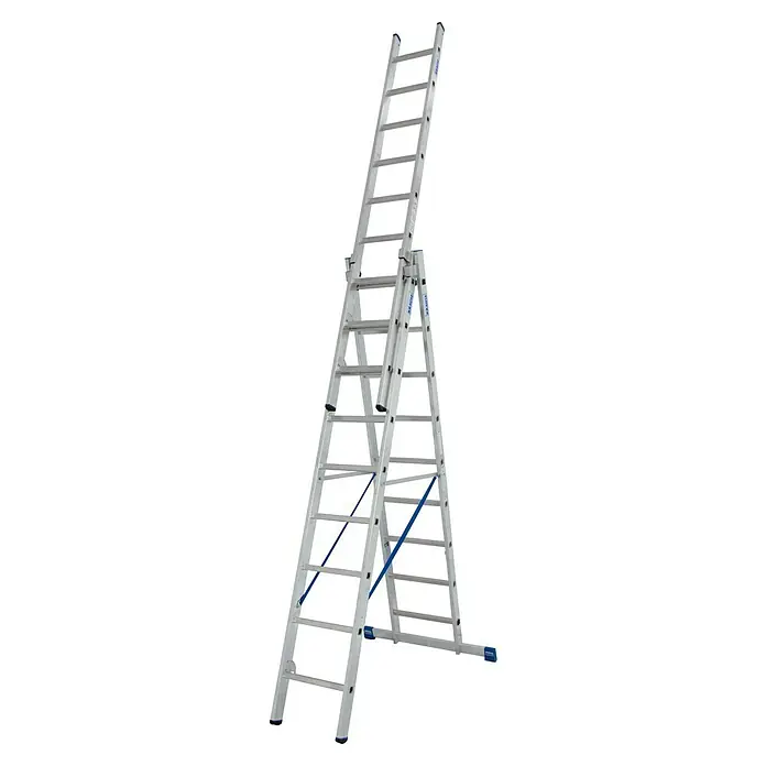 Krause Stabilo Mehrzweckleiter - Anzahl Tritte: 27 Stk., Arbeitshöhe: 6,85 m, Belastbarkeit: 150 kg, Aluminium - Das Bild zeigt eine silberne, dreiteilige Mehrzweckleiter von KRAUSE, die für verschiedene Arbeitsbereiche geeignet ist.