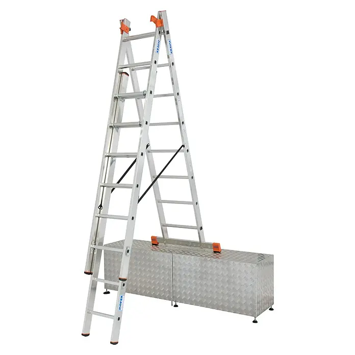 Krause Monto Sprossen-Mehrzweckleiter TribiloTreppenfunktion, Arbeitshöhe: 6,05 m, 24 Stk., Aluminium - Hier ist eine vielseitige Krause Treppe mit einer robusten Arbeitsbühne, ideal für professionelle Anwendungen und bietet sicheren Stand.