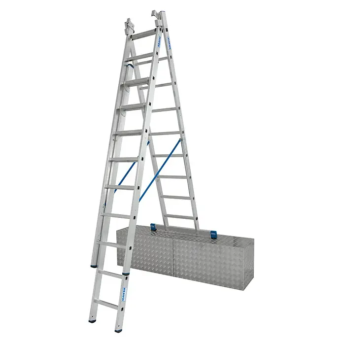 Krause Stabilo Mehrzweckleiter - Anzahl Tritte: 27 Stk., Arbeitshöhe: 6,85 m, Belastbarkeit: 150 kg, Aluminium - Abgebildet ist eine silberne Mehrzweckleiter der Marke Krause, die auf einer Werkzeugkiste mit Riffelblechmuster steht.