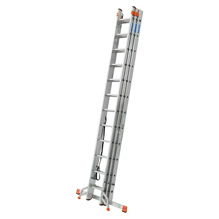 Krause Monto Mehrzweckleiter Tribilo - Arbeitshöhe: 9,3 m, Anzahl Tritte: 36 Stk., Belastbarkeit: 150 kg, Aluminium - Eine hochwertige, dreiteilige Mehrzweckleiter von Krause, ideal für vielfältige Aufgaben im Haus und Garten. Robuste Konstruktion für sicheren Stand.