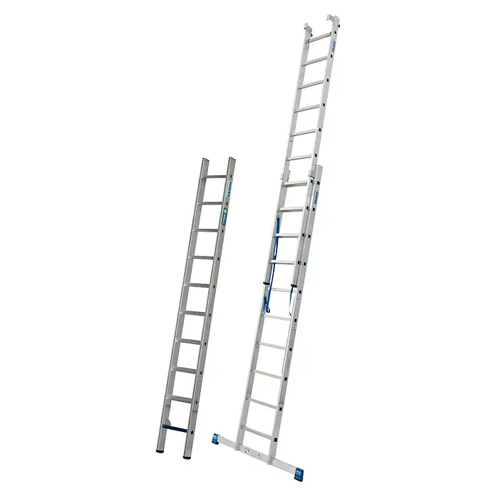 Krause Stabilo Mehrzweckleiter +S - Anzahl Tritte: 30 Stk., Arbeitshöhe: 7,5 m, Aluminium - Zwei KRAUSE Leitern, eine Anlegeleiter und eine Mehrzweckleiter, beide aus Aluminium, ideal für vielfältige Arbeiten.