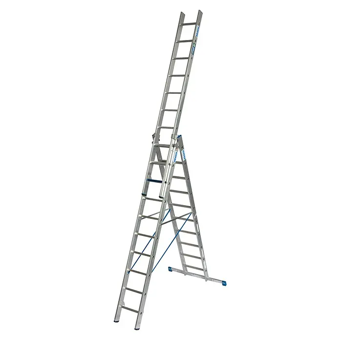 Krause Stabilo Mehrzweckleiter +S - Anzahl Tritte: 30 Stk., Arbeitshöhe: 7,5 m, Aluminium - Bild einer Krause Vielzweckleiter aus Aluminium, die sowohl als Anlegeleiter als auch als freistehende Leiter verwendet werden kann.\n