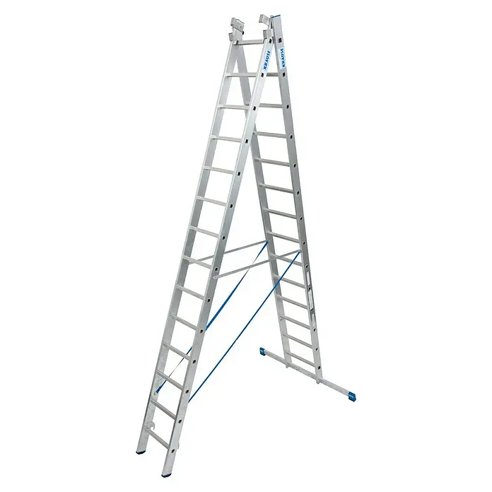 Krause Stabilo Mehrzweckleiter - Anzahl Tritte: 42 Stk., Arbeitshöhe: 10,9 m, Belastbarkeit: 150 kg, Aluminium - Freistehende, vielseitige Krause-Leiter, ideal für verschiedene Aufgaben. Robustes Design mit blauen Akzenten für Stabilität und Komfort.