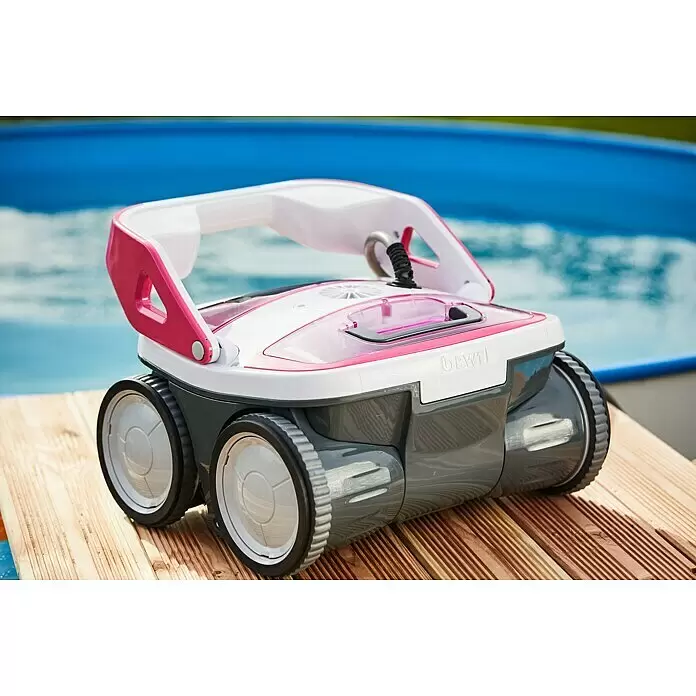 BWT Poolroboter B 200 - Netzbetrieben, Passend für: Pools bis 60 m² - Weißer und pinker Roboter-Poolreiniger mit transparentem Deckel und grauem Unterteil, auf Holzdeck neben blauem Pool.