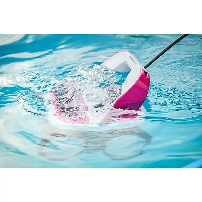 BWT Poolroboter B 200 - Netzbetrieben, Passend für: Pools bis 60 m² - Rosa-weißer Pool-Saugerkopf im blauen Wasser, reinigt aktiv und erzeugt Blasen.