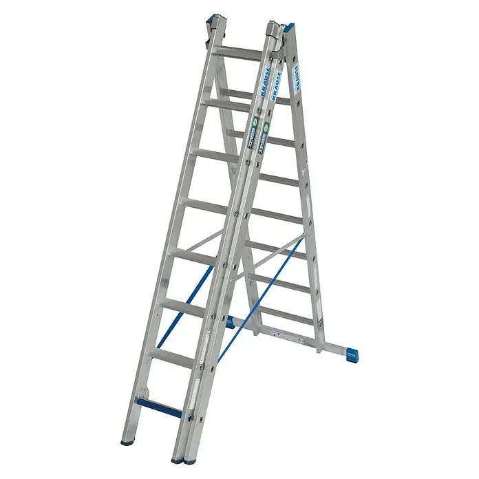 Krause Stabilo Mehrzweckleiter +S - Anzahl Tritte: 24 Stk., Arbeitshöhe: 5,95 m, Aluminium - Das Bild zeigt eine dreiteilige Multifunktionsleiter der Marke Krause. Die Leiter ist silbern und hat blaue Akzente.