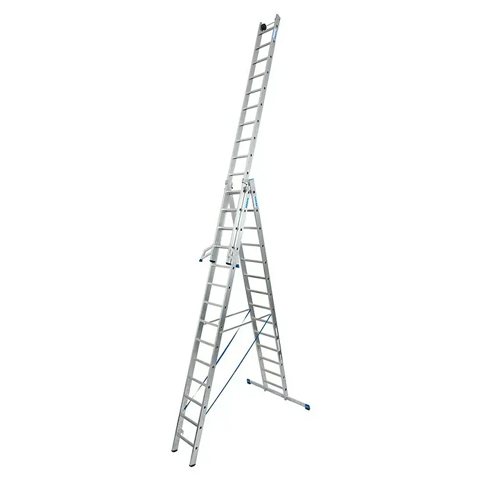 Krause Stabilo Mehrzweckleiter - Anzahl Tritte: 42 Stk., Arbeitshöhe: 10,9 m, Belastbarkeit: 150 kg, Aluminium - Eine freistehende Mehrzweckleiter von Krause in A-Form mit Ausziehfunktion auf einem schwarzen Hintergrund.