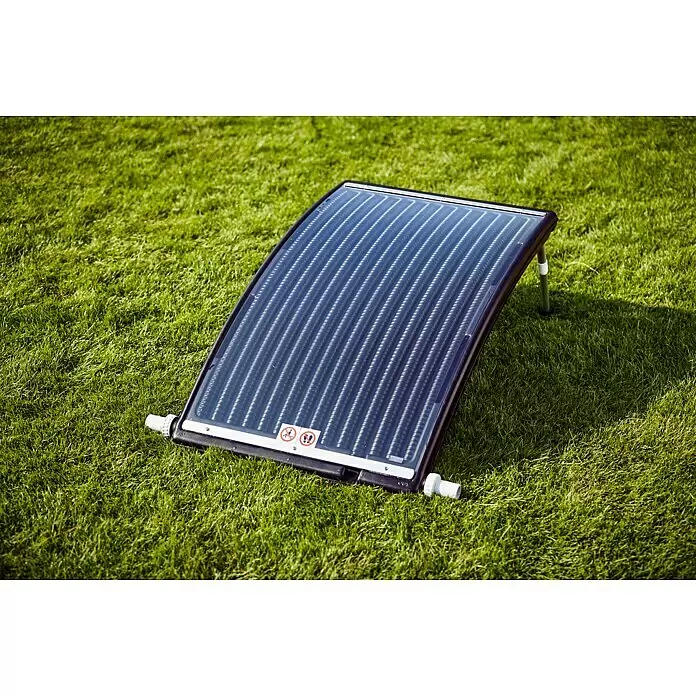 Steinbach Solarkollektor Exclusive - Durchflussmenge: 10.000 l/h, Fassungsvermögen: 15 l - Dunkler, tragbarer Solarkollektor mit klarer Abdeckung, die interne Heizrohre und weiße Anschlüsse zeigt. Er hat Warnhinweise auf seiner Oberfläche.