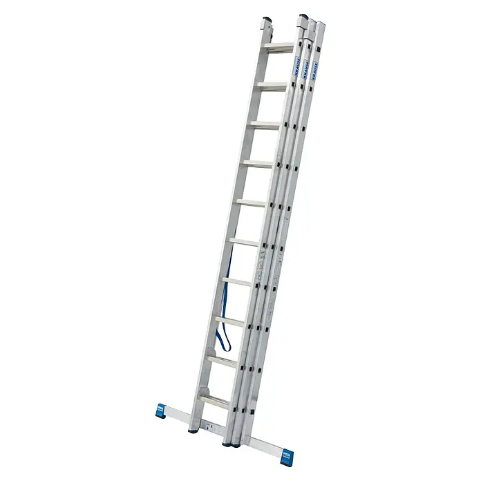 Krause Stabilo Mehrzweckleiter - Anzahl Tritte: 30 Stk., Arbeitshöhe: 7,65 m, Belastbarkeit: 150 kg, Aluminium - Bild einer dreiteiligen Aluminium-Mehrzweckleiter von Krause, die vielseitig für verschiedene Arbeiten eingesetzt werden kann.