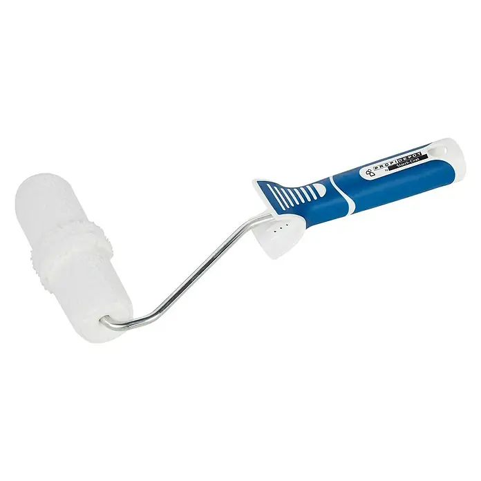 Profi Depot by Storch-Ciret Nut- & Federroller 2K - Breite Walze: 12 cm, Bügelstärke: 6 mm, Florhöhe: 5 mm - 8 mm - Nahaufnahme eines ProfiDepot Farbrollers mit blau-weißem Griff, ideal für präzise Malerarbeiten und kleine Flächen.