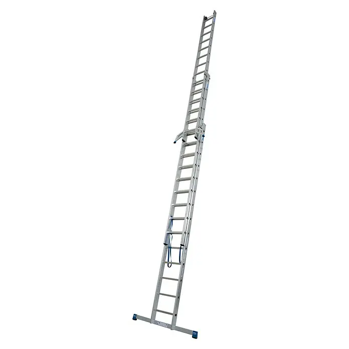 Krause Stabilo Mehrzweckleiter - Anzahl Tritte: 42 Stk., Arbeitshöhe: 10,9 m, Belastbarkeit: 150 kg, Aluminium - Aufnahme einer ausziehbaren Aluminiumleiter mit Trittstufen und blauen Akzenten, ideal für verschiedene Höhenarbeiten.