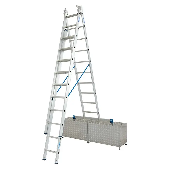 Krause Stabilo Mehrzweckleiter - Anzahl Tritte: 30 Stk., Arbeitshöhe: 7,65 m, Belastbarkeit: 150 kg, Aluminium - Das Bild zeigt eine vielseitige Krause-Leiter, die als Anlegeleiter oder freistehend genutzt werden kann, mit einer Plattform für mehr Stabilität und Komfort.