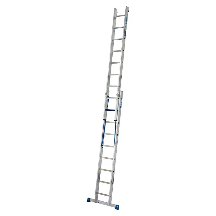 Krause Stabilo Mehrzweckleiter +S - Anzahl Tritte: 18 Stk., Arbeitshöhe: 5,15 m, Aluminium - Bild einer ausziehbaren Aluminiumleiter von Krause, ideal für den flexiblen Einsatz im Innen- und Außenbereich.
