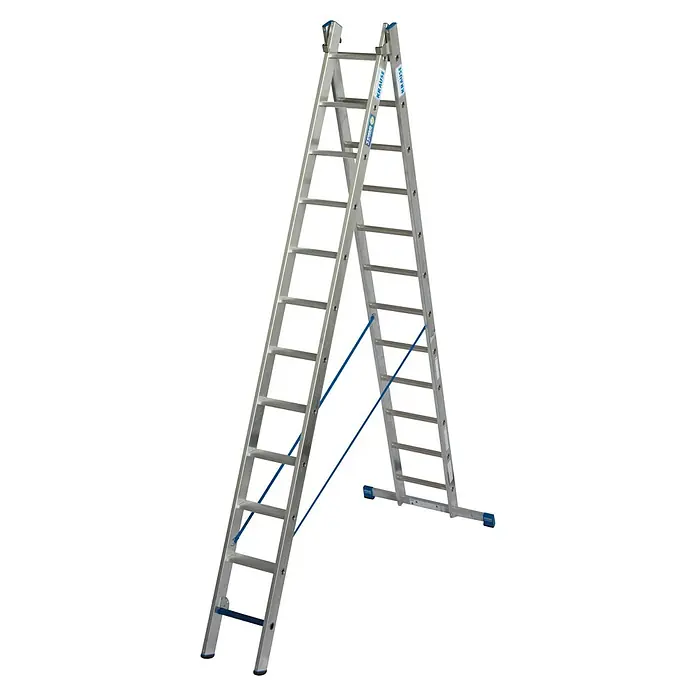 Krause Stabilo Mehrzweckleiter +S - Anzahl Tritte: 24 Stk., Arbeitshöhe: 6,7 m, Aluminium - Krause Doppelleiter aus Aluminium mit stabilen Sprossen und blauen Sicherheitsgurten für sicheres Arbeiten in verschiedenen Höhen.
