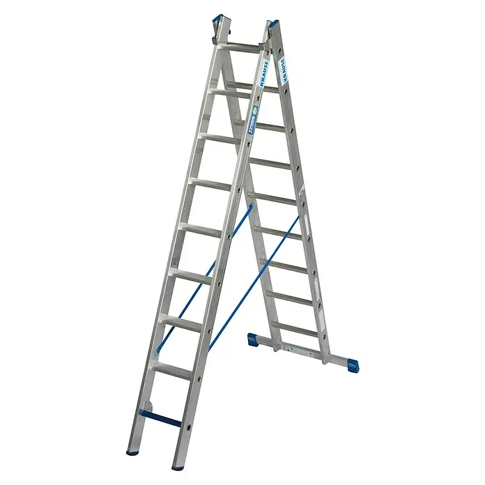 Krause Stabilo Mehrzweckleiter +S - Anzahl Tritte: 18 Stk., Arbeitshöhe: 5,15 m, Aluminium - Eine freistehende, silberfarbene Krause-Leiter mit blauen Akzenten für sichere und flexible Höheneinsätze.