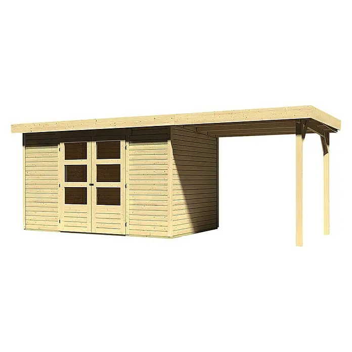 Karibu Gartenhaus Askola - Außenmaß inkl. Dachüberstand (B x T): 554 x 238 cm, Holz, Natur, Mit Anbaudach - Abbildung eines Holzgartenhauses mit Doppeltüren und einem überdachten Bereich, ideal für Gartenlagerung und Entspannung im Freien.