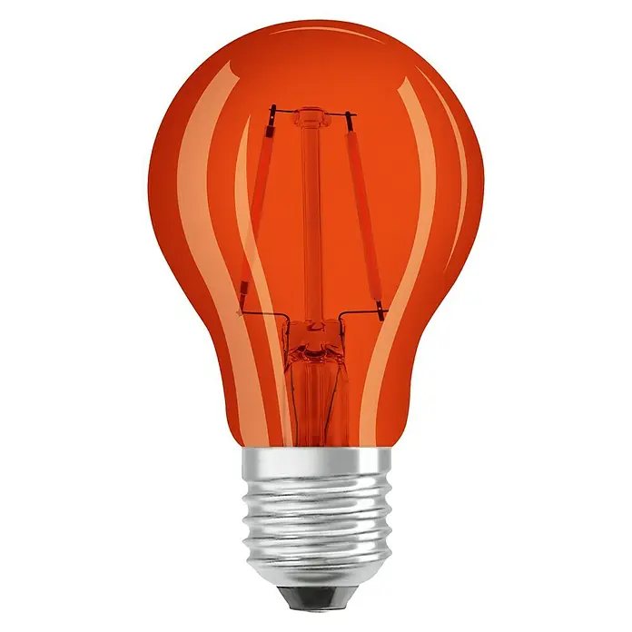 Osram Star LED-Lampe Vintage Glühlampenform E27 - E27, Nicht Dimmbar, 160 lm, 2,5 W, Farbe: Orange - Nahaufnahme einer orangefarbenen LED-Glühbirne mit silbernem Sockel, die ein warmes und einladendes Licht ausstrahlt.