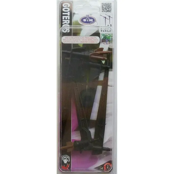 Gotero lineal con estaca - 6 l/h, 5 ud. - Primer plano de un sistema de multiirrigación de precisión GOTERUS para riego localizado, ideal para aplicaciones de jardín.