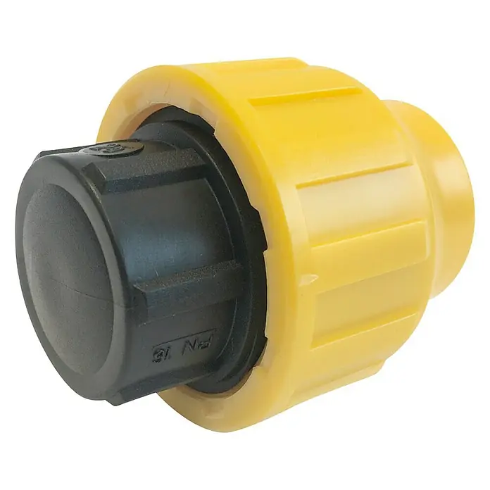 Tapón final tuberías polietileno - Diámetro: 25 mm, Polietileno - Primer plano de un acoplamiento de plástico amarillo y negro para tuberías, prometiendo robustez y fácil instalación.