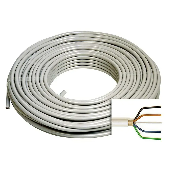 Mantelleitung NYM-J 5x1,5 mm²Anzahl Adern: 5, 1,5 mm², 20 m - Eine Nahaufnahme einer Spule mit fünfadrigem Installationskabel, die durch ihre weiße Ummantelung und farbcodierten Einzeladern auffällt.