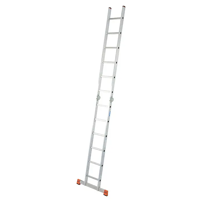 Krause Monto Doppelleiter TriMatic - Anzahl Tritte: 12 Stk., Arbeitshöhe: 4,4 m, Aluminium - Silberne Aluminium-Teleskopleiter mit orangefarbenen Füßen, ideal für sichere Arbeiten in der Höhe.
