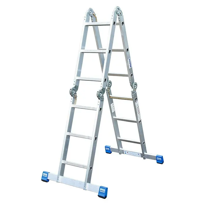 Krause Stabilo Mehrzweckleiter - Anzahl Tritte: 12 Stk., Arbeitshöhe: 4,4 mm, Aluminium - Bild einer zusammengeklappten Aluminium-Mehrzweckleiter der Marke Krause. Sie bietet vielseitige Einsatzmöglichkeiten und Stabilität.