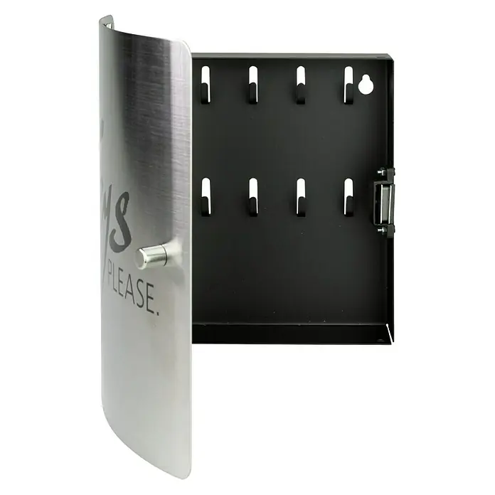 Burg-Wächter Schlüsselkassette - L x B x H: 7 x 21 x 24 cm, Anzahl Haken: 10 Stk., Keys Please - Geöffneter Schlüsselschrank aus Edelstahl mit mehreren Haken zur Aufbewahrung von Schlüsseln und der Aufschrift "Keys Please".