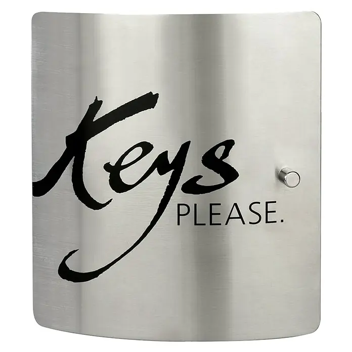 Burg-Wächter Schlüsselkassette - L x B x H: 7 x 21 x 24 cm, Anzahl Haken: 10 Stk., Keys Please - Ein stilvoller Schlüsselschrank aus gebürstetem Edelstahl mit der Aufschrift "Keys PLEASE." in eleganter Schrift und einem dezenten Knopf.