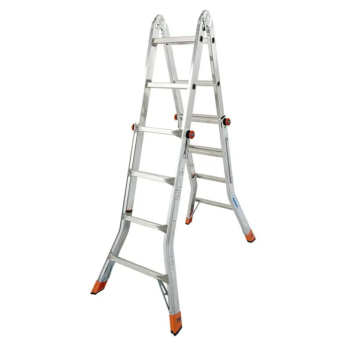 Krause Monto Teleskopleiter TeleMatic - Anzahl Tritte: 16 Stk., Arbeitshöhe: 5 m, Aluminium - Die robuste, silberne Mehrzweckleiter mit orangen Akzenten ist ideal für verschiedene Höhenarbeiten im Innen- und Außenbereich.