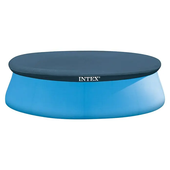 Intex Pool-Abdeckplane Easy Pool - Passend für: Easy Pool, Durchmesser: 244 cm, Material: Kunststoff - Ein rundes Intex-Aufstellbecken mit einer grauen Abdeckung darauf. Das Pool ist blau und der Markenname ist deutlich sichtbar.