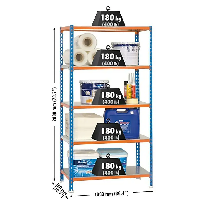 Simonrack Simonclick Metallregal Simonclick Plus - H x B x T: 200 x 100 x 50 cm, Traglast pro Boden: 180 kg, Anzahl Böden: 5 Stk., Stecken, Blau/Orange/Silber - Ein Regal mit fünf Ablagen, die jeweils mit 180 kg belastet sind, mit den Maßen 2000 mm Höhe und 1000 mm Breite.
