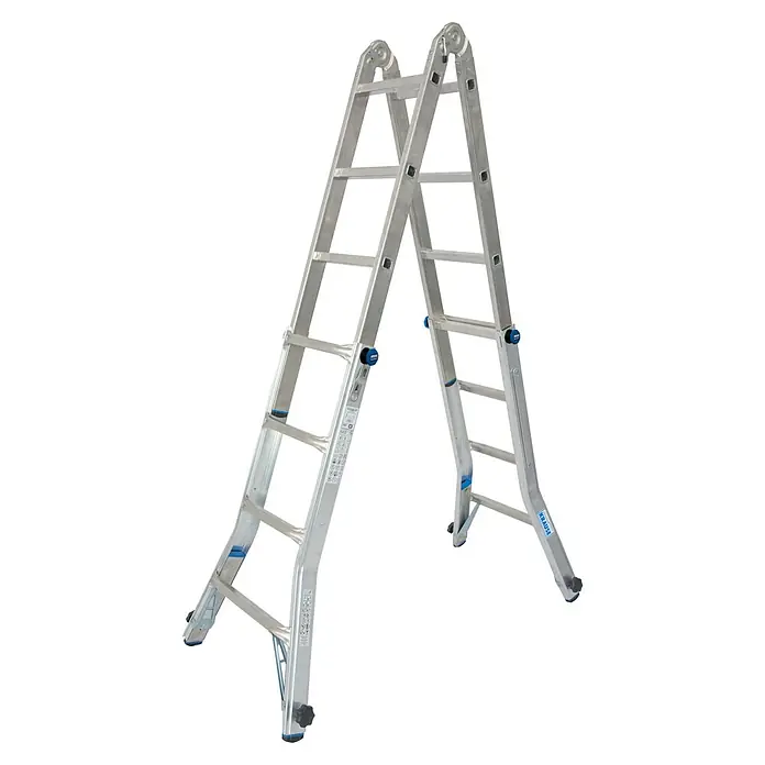 Krause Stabilo Teleskopleiter mit 4 Holmverlängerungen - Anzahl Tritte: 16 Stk., Arbeitshöhe: 5 m, Aluminium - Bild einer silberfarbenen, freistehenden Mehrzweckleiter von Krause, die auf einem schwarzen Hintergrund positioniert ist.