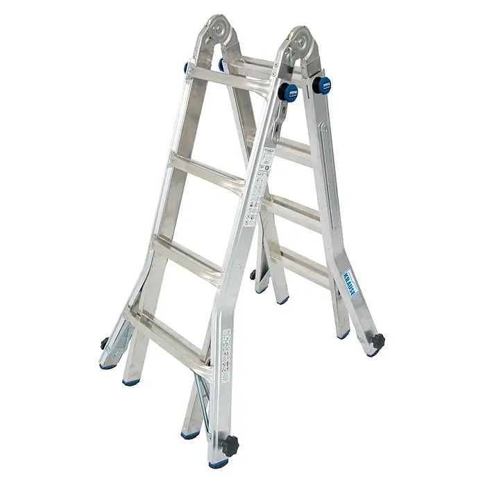 Krause Stabilo Teleskopleiter mit 4 Holmverlängerungen - Anzahl Tritte: 16 Stk., Arbeitshöhe: 5 m, Aluminium - Krause Vielzweckleiter aus Aluminium mit Sprossen und blauen Details. Die Leiter ist vielseitig einsetzbar und stabil.
