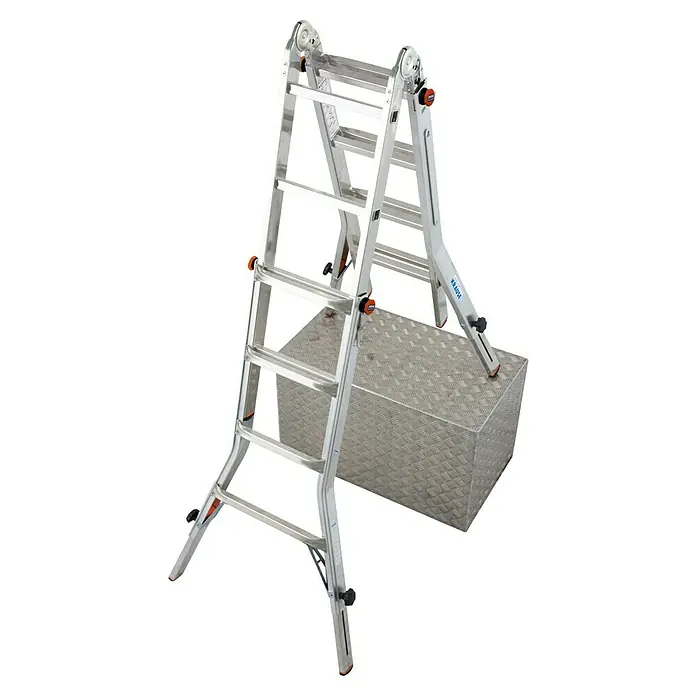 Krause Teleskopleiter TeleVario - Anzahl Tritte: 16 Stk., Arbeitshöhe: 5 m, Belastbarkeit: 150 kg, Aluminium - Silberne Mehrzweckleiter aus Aluminium, die auf einer silbernen Werkzeugkiste steht, ideal für verschiedene Arbeitsbereiche.