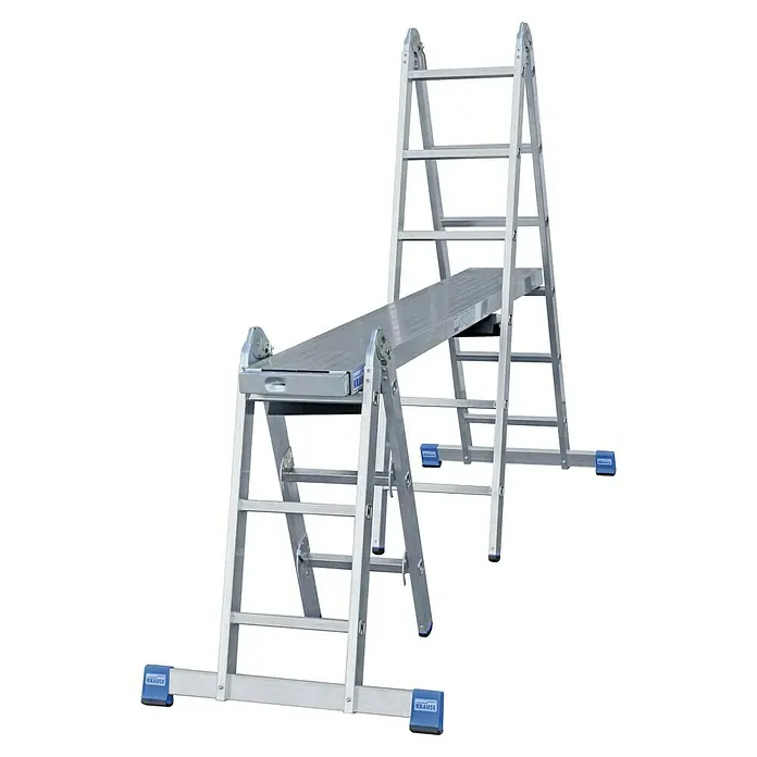 Krause Stabilo Mehrzweckleiter - Anzahl Tritte: 12 Stk., Arbeitshöhe: 5,3 m, Aluminium - Bild einer vielseitigen Krause-Leiter, die sich in eine Arbeitsbühne verwandeln lässt, ideal für verschiedene Aufgaben.