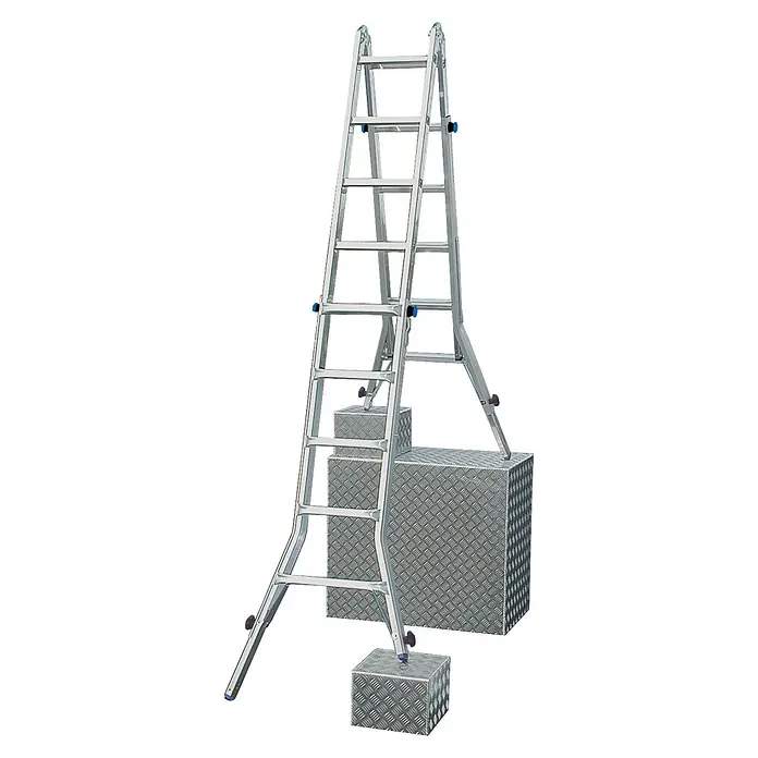 Krause Stabilo Teleskopleiter mit 4 Holmverlängerungen - Anzahl Tritte: 20 Stk., Arbeitshöhe: 6,05 m, Aluminium - Eine freistehende Leiter aus Aluminium, die auf drei silberfarbenen, würfelförmigen Podesten mit Riffelblechmuster steht.