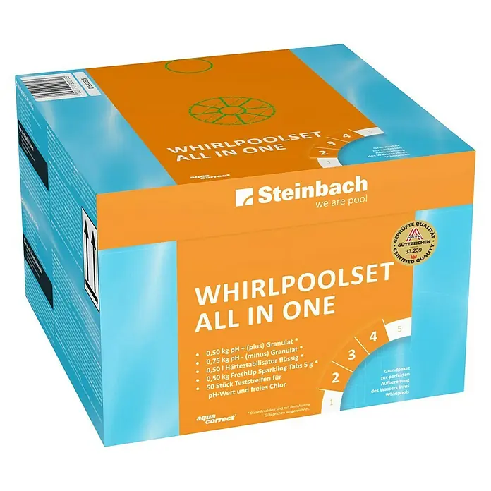 Steinbach Whirlpool-Wasserpflegemittel - 5 -tlg. - Bild eines "Whirlpoolset All in One"-Produkts von Steinbach zur perfekten Wasseraufbereitung im Whirlpool.