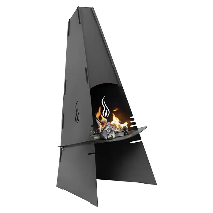 Aduro Gartenkamin - 58 x 60 x 124 cm, Stahl - Das Bild zeigt eine stilvolle, moderne Feuerschale aus Metall mit einem lodernden Feuer im Inneren, ideal für gemütliche Abende im Freien.