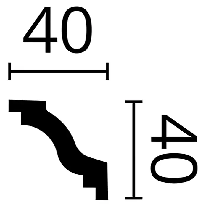 Nmc Decoflair Zierprofil Deckenleiste C2 - 2 m x 40 mm x 40 mm, Hochverdichtetes extrudiertes Polymer (HDPS) - Abbildung eines 40 mm grossen Stuckprofils mit Massangaben.
