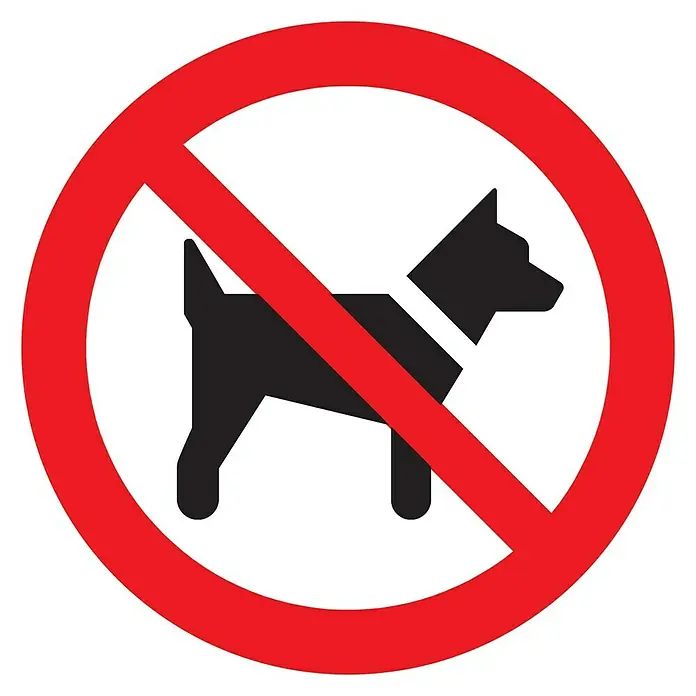 Pickup Verbotsschild - Durchmesser: 18 cm, Hunde verboten - Schild "Keine Hunde erlaubt" mit einem schwarzen Hundesymbol, das von einem roten Kreis und einem diagonalen Strich durchgestrichen wird.