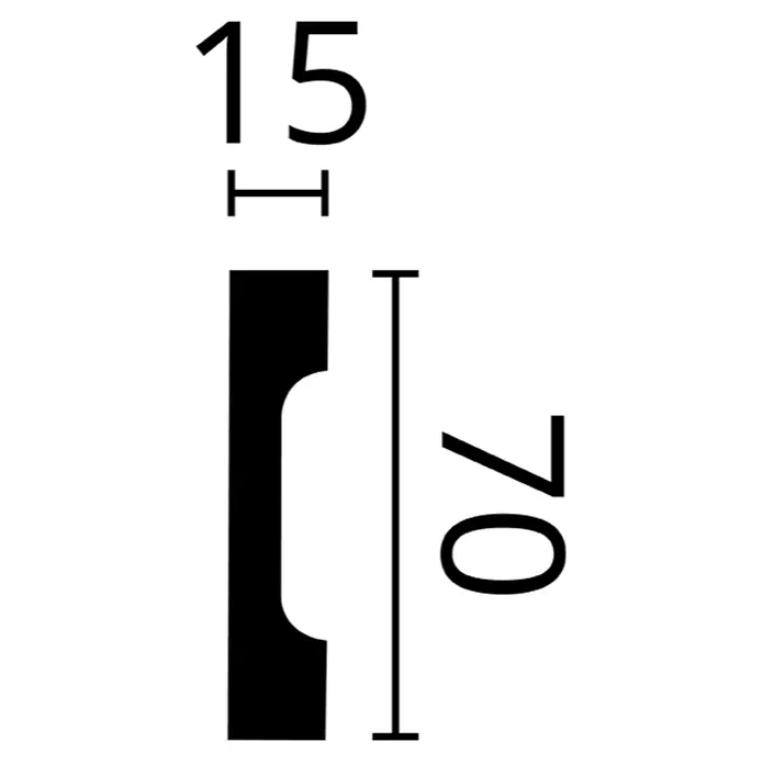 Nmc Decoflair Zierprofil Wandleiste C9 - 2 m x 15 mm x 70 mm, Hochverdichtetes extrudiertes Polymer (HDPS) - Produktabbildung mit Maßangaben: 15 mm Breite und 70 mm Höhe, die die präzisen Abmessungen des Produkts hervorheben.
