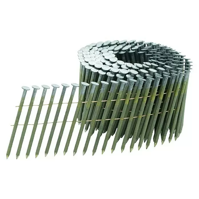 Prebena Coilnagel Typ CNW Blank Ringschaft - Länge: 80 mm, 3.600 Stk. - Eine Rolle magazinierten Nägel mit grünlich-grauen Schäften und silbernen Köpfen, durch Drähte verbunden, für Nagelpistolen.