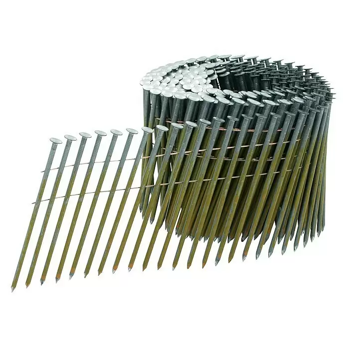 Prebena Coilnagel Typ CNW Blank Glattschaft - Länge: 90 mm, 3.600 Stk. - Eine Spule olivgrüner Magazinnägel mit silbernen Köpfen für Nagelpistolen.