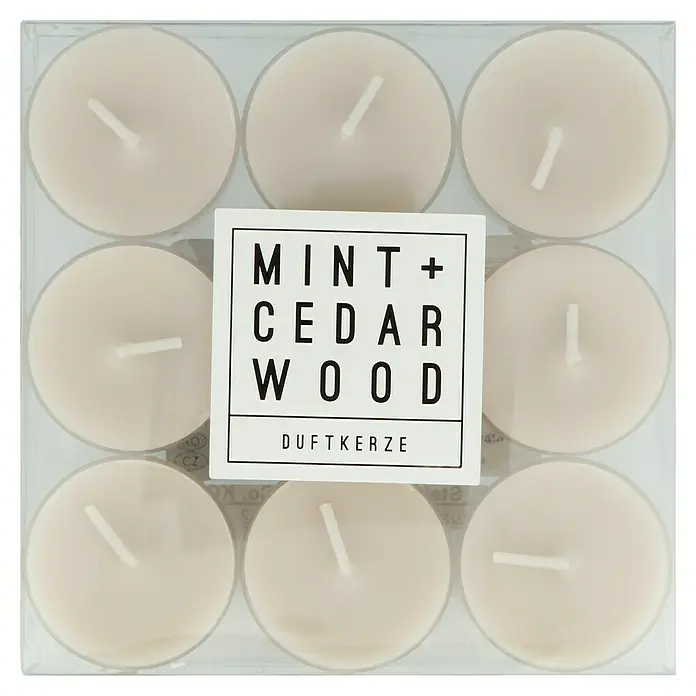Teelichter Duft - 9 Stk., Mint und Cedarwood - Neun Mint + Cedarwood Duftkerzen in einer transparenten Verpackung. Die Teelichter sind bereit, Ihr Zuhause mit frischem Duft zu erfüllen.